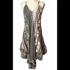 RAGA Green and Cream Boho High-Low Slip Dress